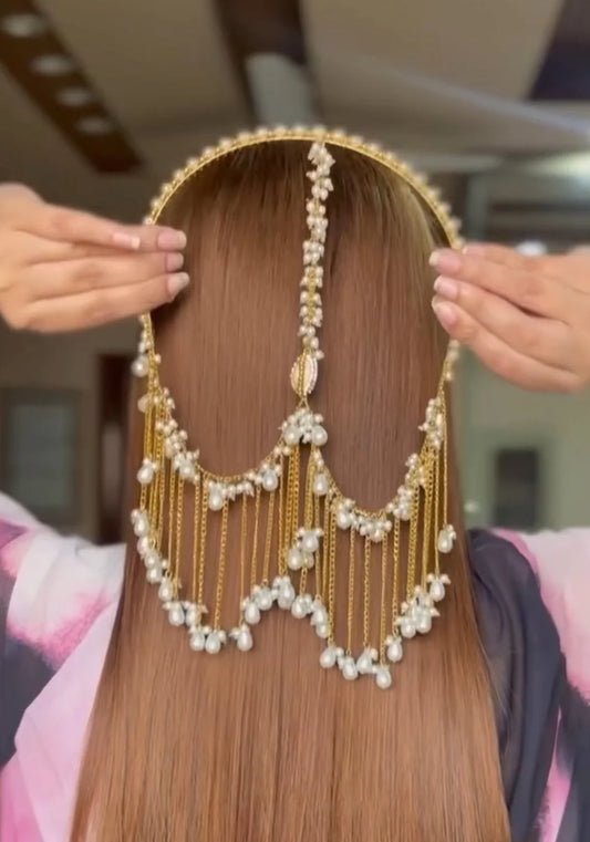 Elegant Pearl & Gold Hair Jewelry Traditional Bridal Headpiece - jewel dots